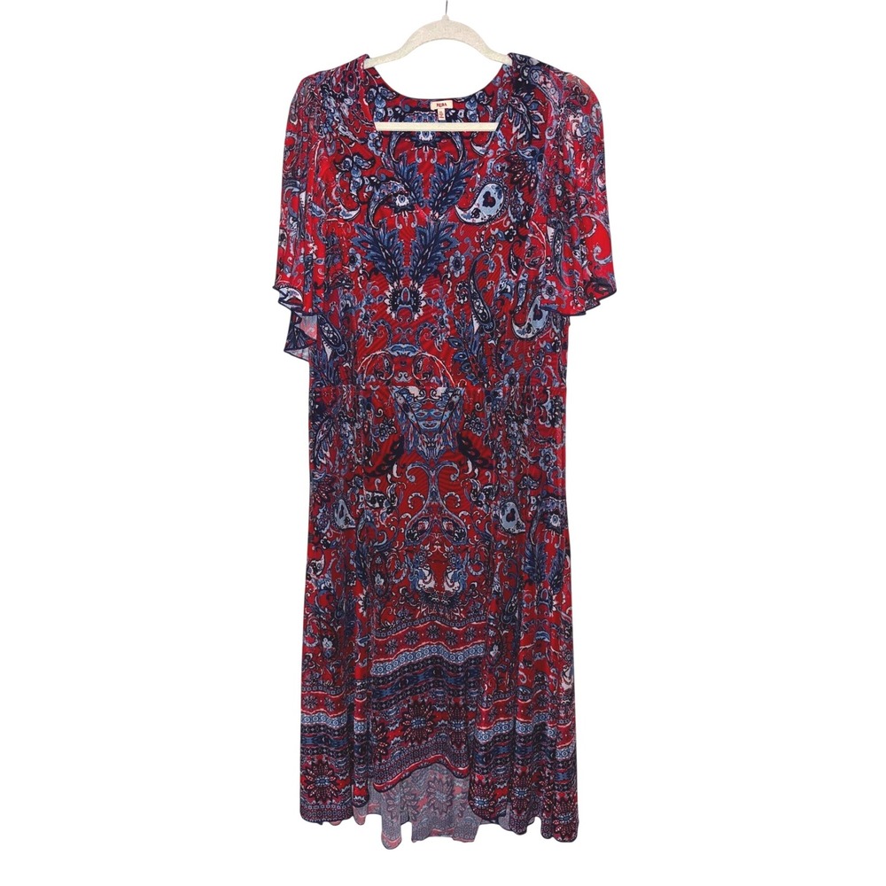 Reba Womens‎ XL Red Blue Paisley Mesh Flutter Sleeve High Low V-Neck Dress